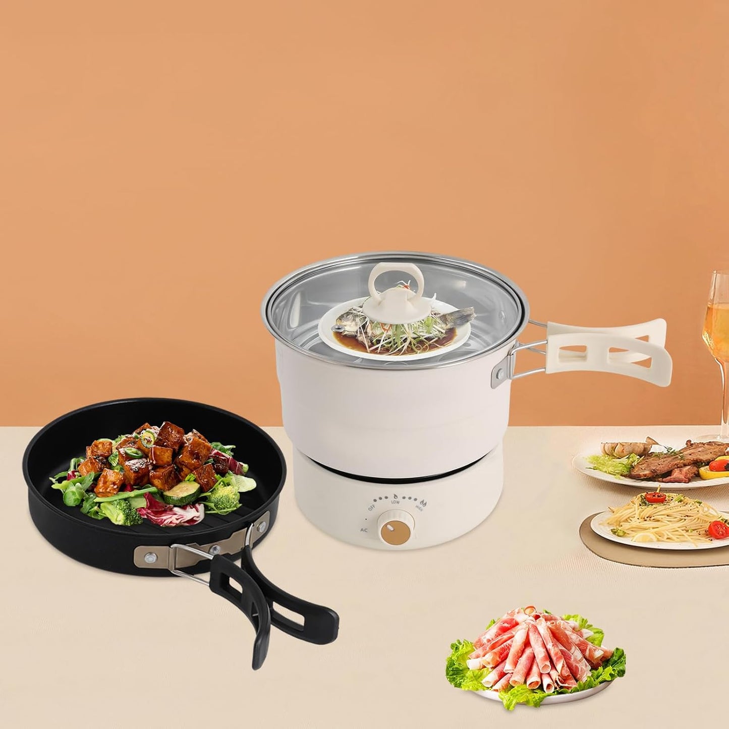 500W 0.42 Gal Portable Electric Hot Pot with Foldable Handles, Multi-function Non-stick Mini Cooker for Ramen Soup Pasta Steak, Power Adjustment & 110V Personal Travel Hot Pot Cooker (White)