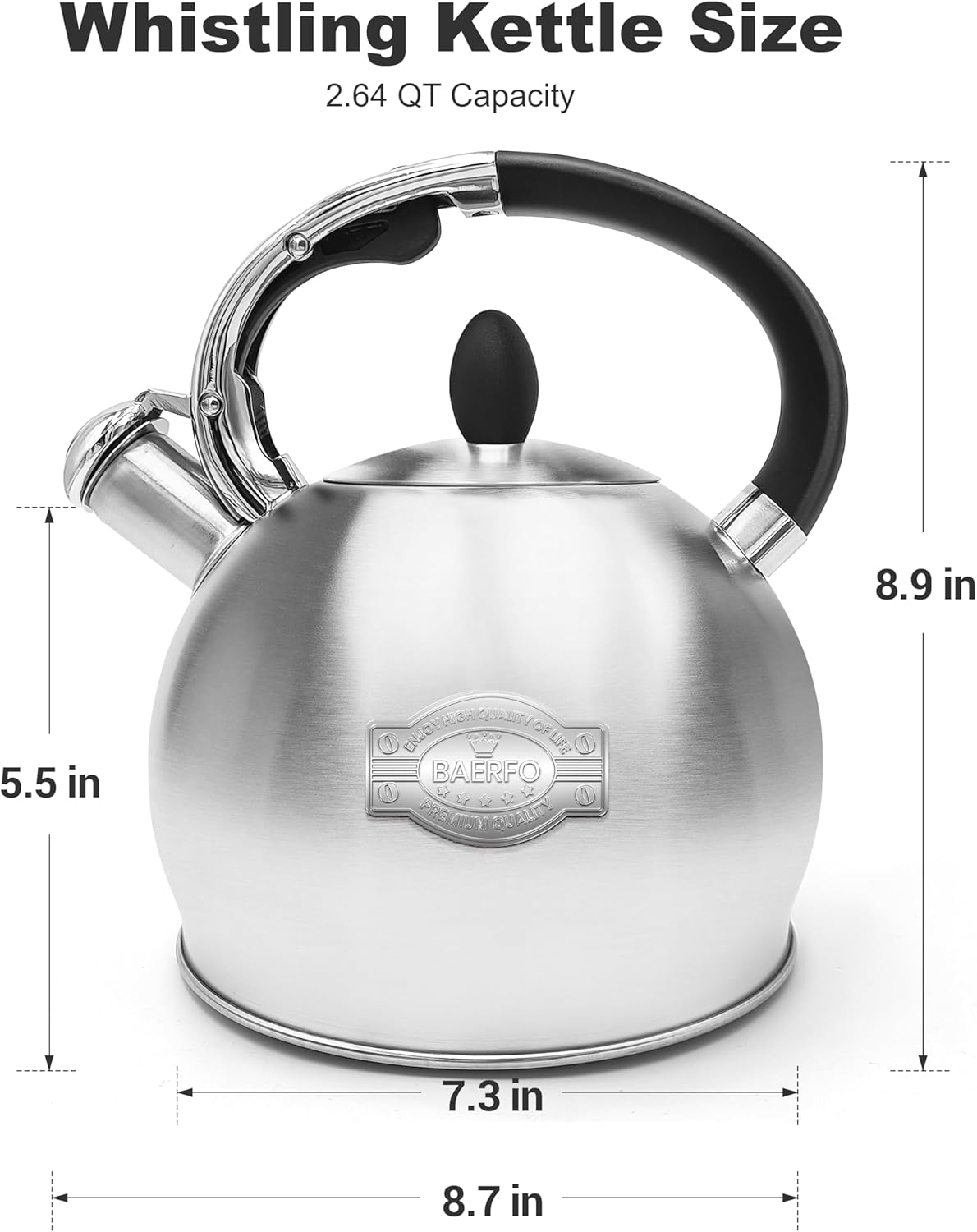 Stainless Steel Whistling stovetop Kettle,Whistling Tea Kettle,Vintage-StyleTeapot for Stove,Durable and Rust-Resistant,With a Pot Holder Included,2.64 Quart(Brushed Style)