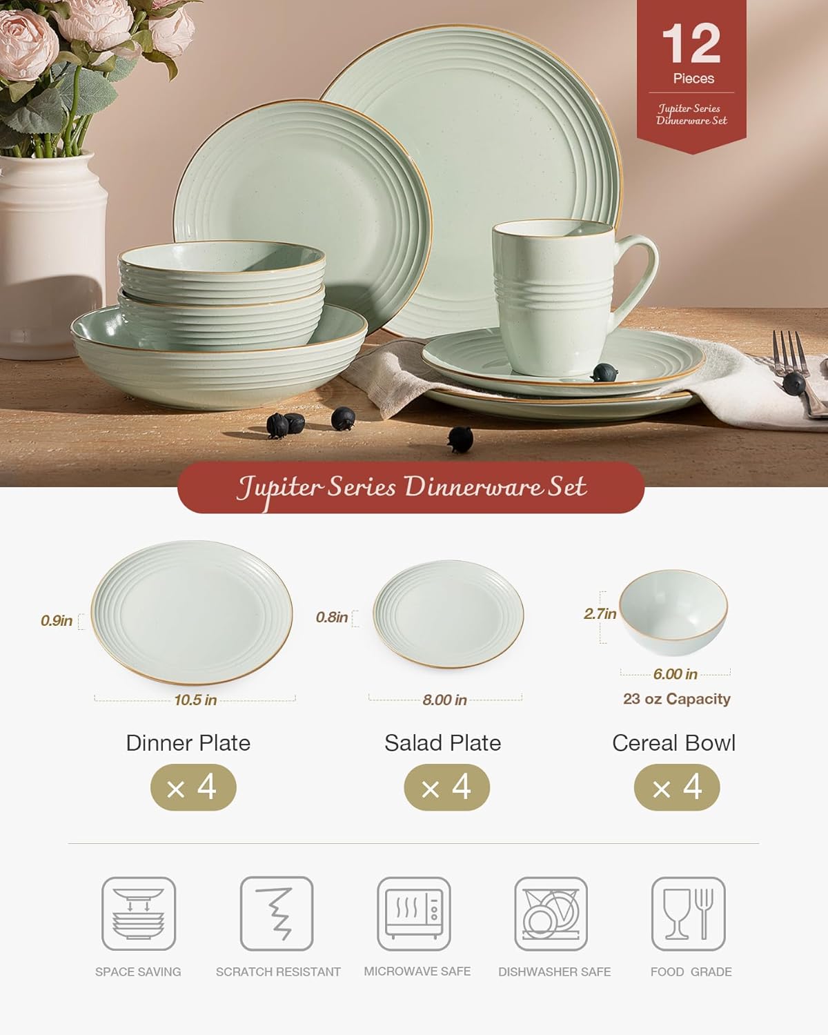 Famiware Jupiter Dinnerware Set, Plates and Bowls Dish Sets for 4 (12 Pieces), Microwave and Dishwasher Safe Stoneware Speckled Tableware, Chip and Scratch Resistant, Light Green