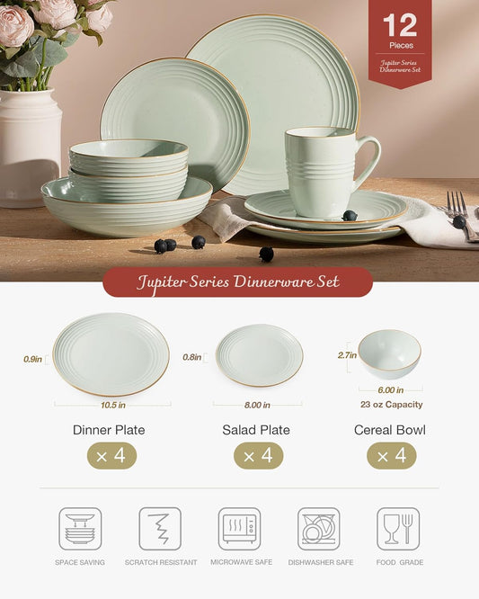 Famiware Jupiter Dinnerware Set, Plates and Bowls Dish Sets for 4 (12 Pieces), Microwave and Dishwasher Safe Stoneware Speckled Tableware, Chip and Scratch Resistant, Light Green