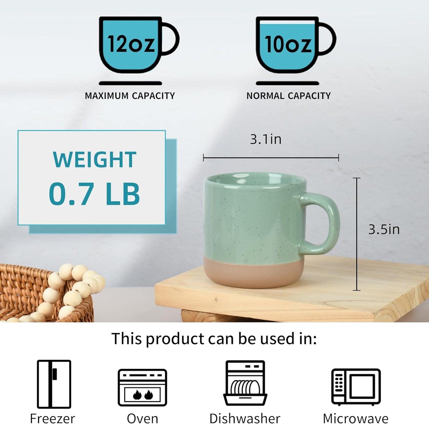 12oz Coffee Mug Set for 6, Tea Cups with Handle for Coffee, Tea, Cocoa, Milk (Green)