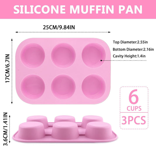 3-Pack 6-Cup Silicone Muffin Pans, Nonstick Cupcake Baking Molds, Muffin Cupcake Pans Molds for Baking, BPA/PFA-Free, Dishwasher & Oven Safe - Pink