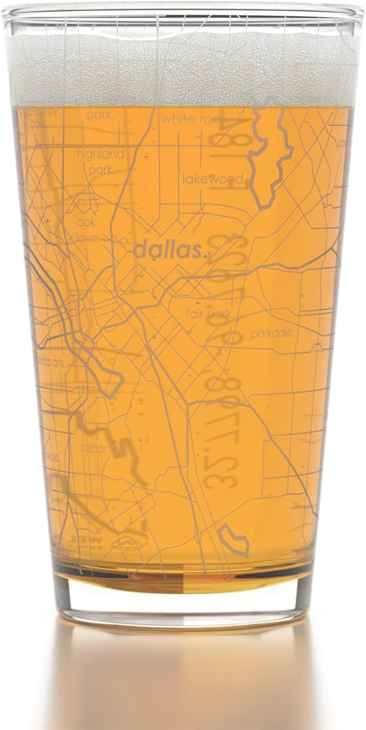 Well Told Engraved Dallas Texas Map Pint Glass, Etched Beer Gift (16 oz, Clear) City Map Pint, Custom City Glassware, Gifts For Beer Lovers