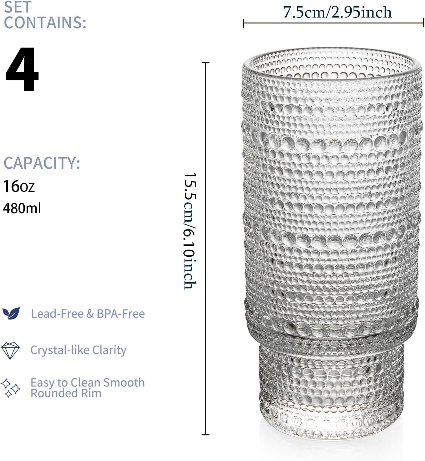 4 Pack Vintage Glassware Drinking Glasses Set, 16 oz Hobnail Glassware, Embossed Clear Water Tumbler, Cocktail Glass Cups for Kitchen and Bar, Perfect for Juice, Iced Coffee, Whiskey, Beer