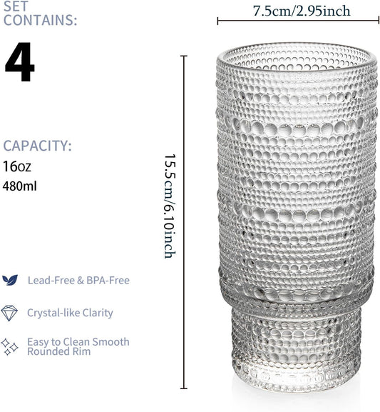 4 Pack Vintage Glassware Drinking Glasses Set, 16 oz Hobnail Glassware, Embossed Clear Water Tumbler, Cocktail Glass Cups for Kitchen and Bar, Perfect for Juice, Iced Coffee, Whiskey, Beer