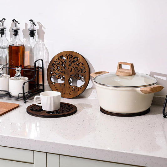 3 Pcs Life Tree Wooden Trivets for Hot Dishes 8 Rustic Round Tree Trivet Set Hot Plate Holders Heat Resistant Polite Trees Coasters for Table Dishes Pots and Pans(Brown)