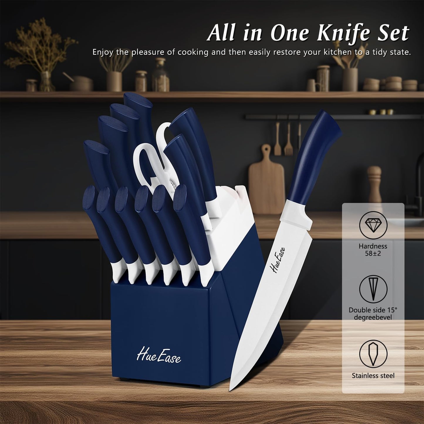 Kitchen Knife Set with Block and Build-In Sharpener,14-Piece German High Carbon Stainless Steel Knives Sharp Blade, Dishwasher Safe (14pcs-blue with white ceramic coating)