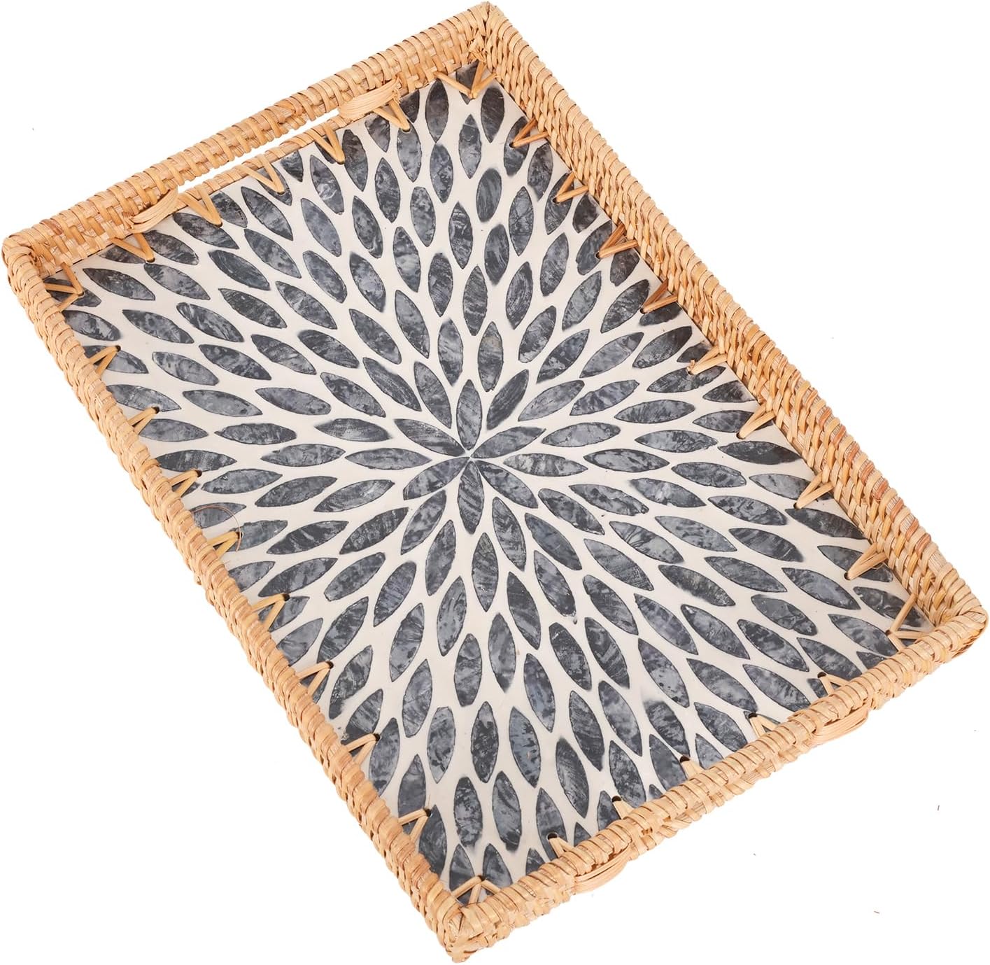 Rectangle Rattan Tray with Mother of Pearl Inlay, Rattan Serving Tray with Handle for Coffee, Bread, Fruits, Snacks, Decorative Wicker Tray for Table Decor (Rectangle Dark Blue Leaf, 13"×9")