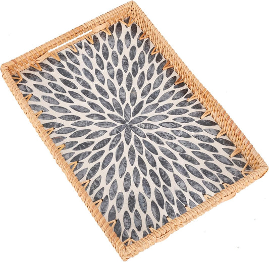 Rectangle Rattan Tray with Mother of Pearl Inlay, Rattan Serving Tray with Handle for Coffee, Bread, Fruits, Snacks, Decorative Wicker Tray for Table Decor (Rectangle Dark Blue Leaf, 13"×9")