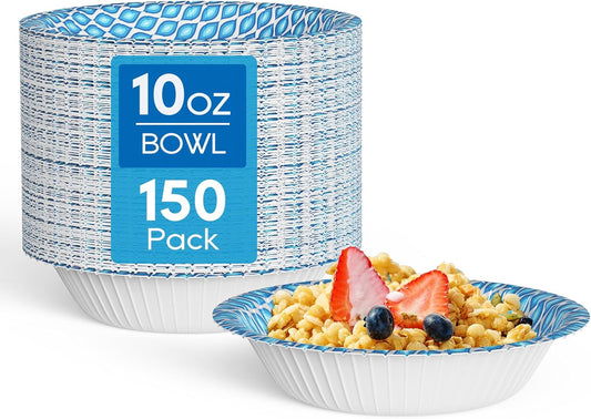 MUCHII 10 Oz Paper Bowls 150 Count Disposable Bowls, Printed Soak Proof Small Bowls for Snacks, Dessert, And Light Lunch Meals