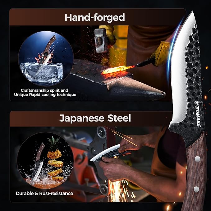 Meat Cleaver Butcher Knife Set of 13, Hand Forged Santoku Knife Paring Knife, High Carbon Steel Kitchen Boning for Meat Cutting with Roll Bag & Accessories Kitchen BBQ Gift for Men