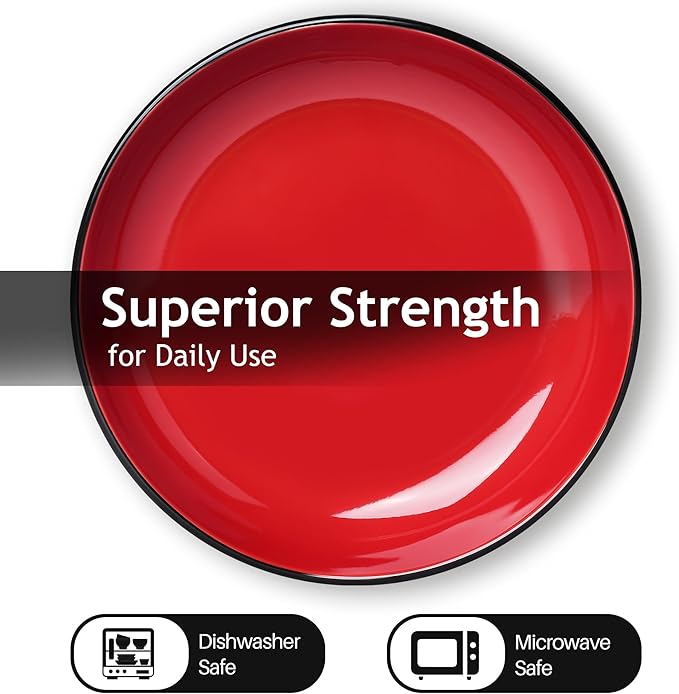 MIAMIO – 30 Oz / 8.6 Inch Set of 6 Pasta Bowls/Salad Bowls, Pasta Plates Wide and Shallow Bowl, Large Ceramic Stoneware Deep Plate Serving Soup - Le Papillon Collection (Red)