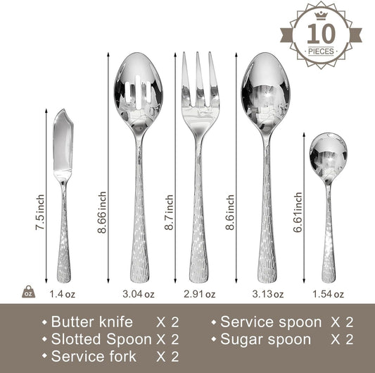KINGSTONE Hammered 10-Piece Serving Utensil Set, 18/10 Stainless Steel Flatware for Catering, Party Include Spoons, Slotted Spoon, Fork, Butter Knife - Mirror Finish & Dishwasher Safe