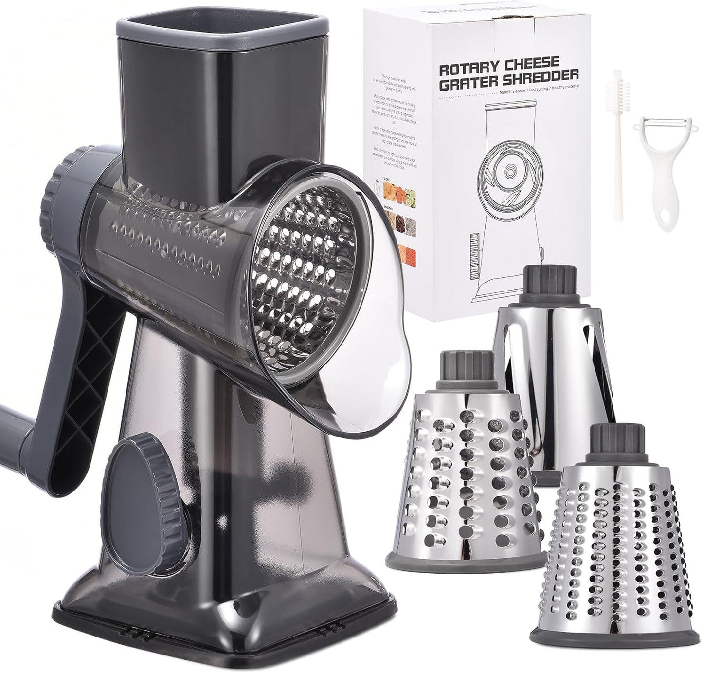 Rotary Cheese Grater with Handle Kitchen Shredder Slicer Grater Slicer Ice Shaver Cheese Vegetable Nuts Potato Zucchini Chocolate 3 Interchangeable Blades (Grey TSP)