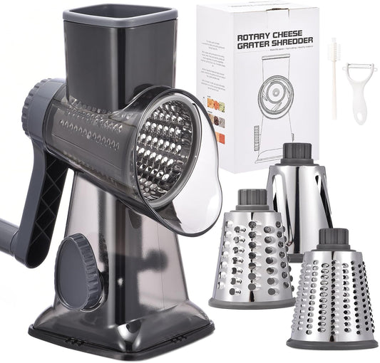 Rotary Cheese Grater with Handle Kitchen Shredder Slicer Grater Slicer Ice Shaver Cheese Vegetable Nuts Potato Zucchini Chocolate 3 Interchangeable Blades (Grey TSP)