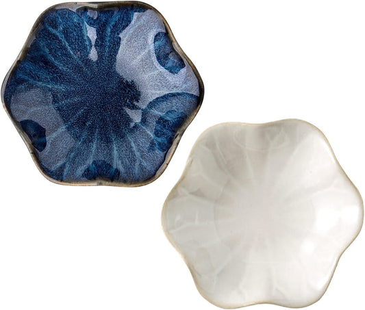 2Pcs Ceramic Jewelry Dish - Lotus Leaf Shape, for Ring Holder Necklace Small Key, Suitable for Mother Friend Sister, Gifts for Women, Cute Plate Trinket Tray, Home Decor (Blue & White)