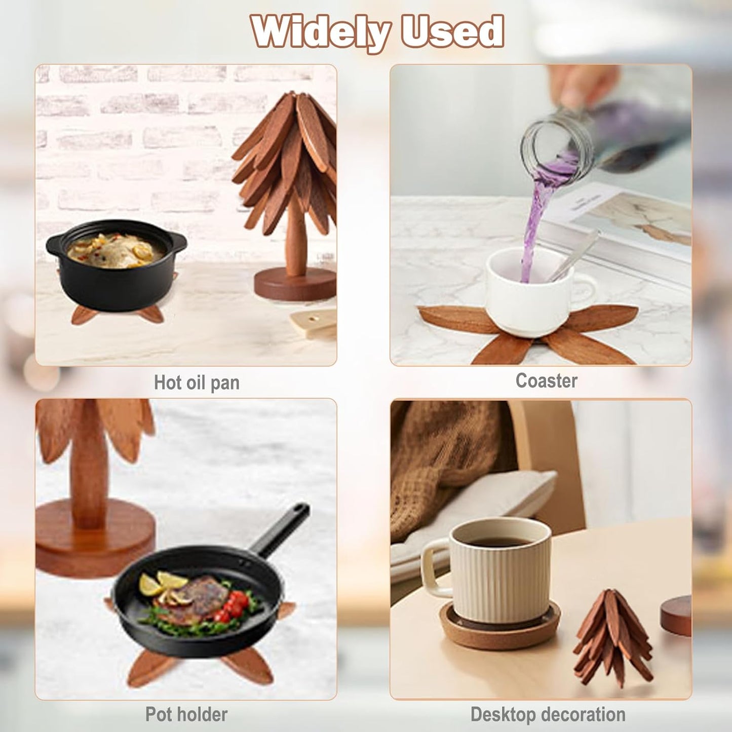 Wooden Trivets for Hot Dishes, Foldable Kitchen Trivet, Tree Shape Trivets Set - 4 Trivet & 1 Stand, for Hot Pots Pans, Teapots, Frying Pans, Decoration (Beech Wood)