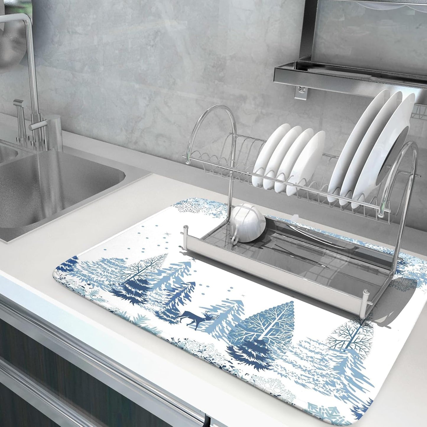 Winter Blue Snowflake Dish Drying Mat Christmas Tree Kitchen Counter Dish Drainer Mats Xmas Forest Deer Moose Dish Dry Pad Bottles Protector for Kitchen Countertop Coffee Bar, 18x24 inch Large