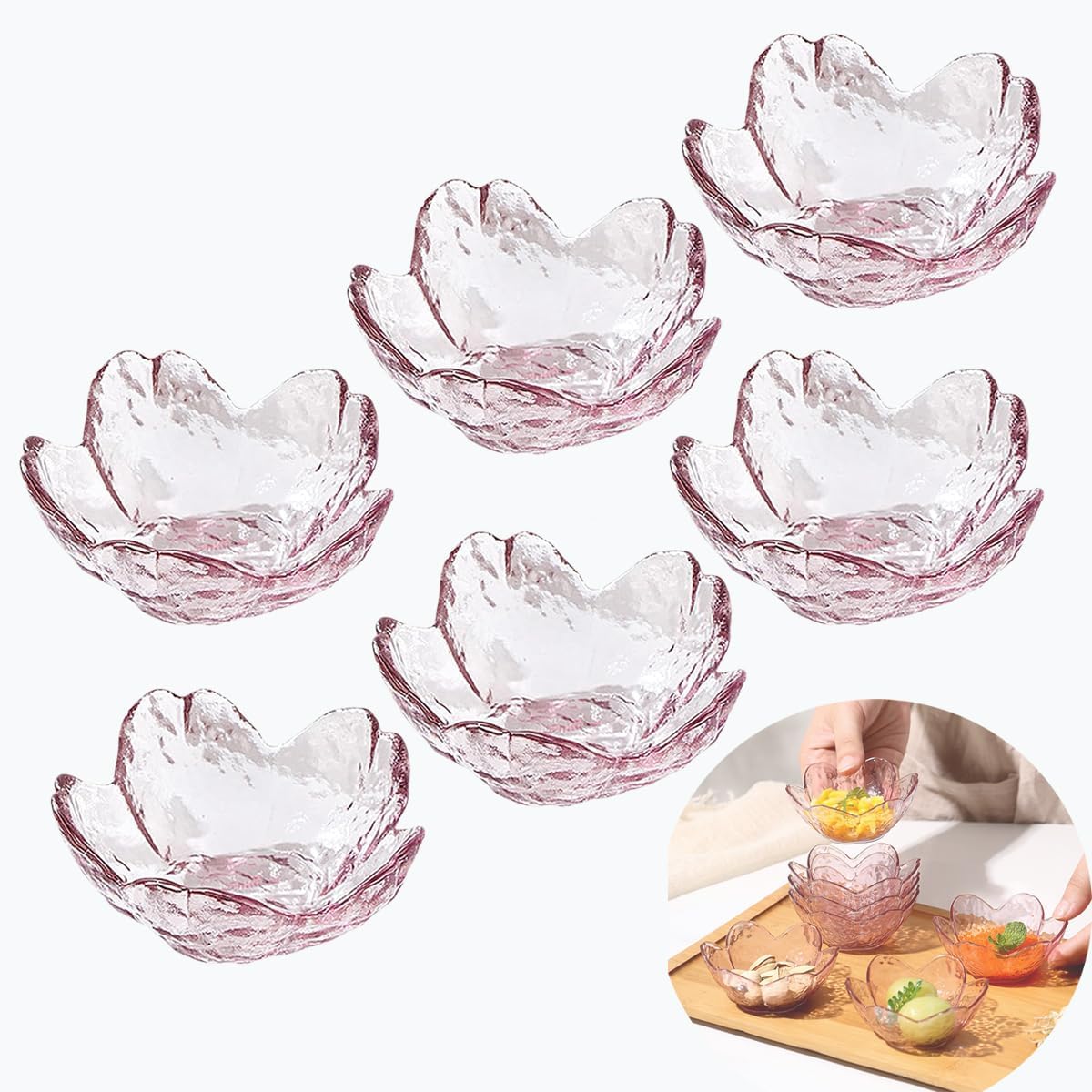 6 Pcs Pink Sakura Sauce Dishes Set, 3.34x1.37 inch Glass Cherry Blossom Dipping Bowls, Small Condiment Dishes for Soy Sauce, Sushi, Ice-Cream,Snacks, and Party Appetizers