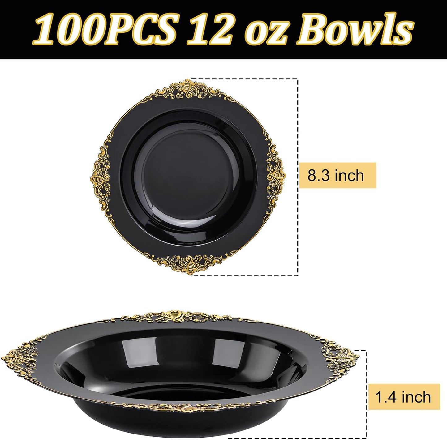 100PCS Black Plastic Bowls - 12 oz Black Gold Disposable Salad Bowls - Heavy Duty Soup Serving Bowl - Fancy Plastic Candy Bowl for Weddings, Parties, Dinners, Catering, Picnics, Halloween Party