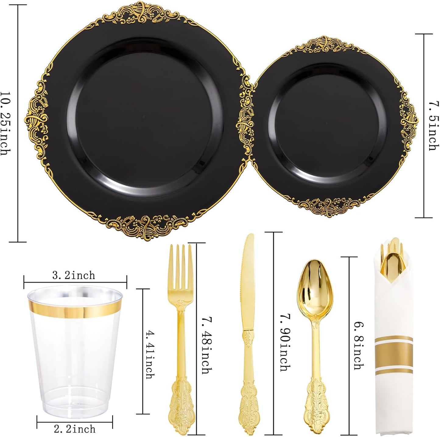 Hioasis 210pcs Black and Gold Plastic Plates - Disposable Dinnerware Set Suitable for 30 Guests Include 10.25" Dinner & 7.5" Dessert Plates, Pre Rolled Silverware Set, Cups for Party & Halloween