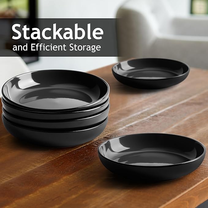 MIAMIO – 30 Oz Set of 6 Pasta Bowls/Salad Bowls, Pasta Plates Wide and Shallow Bowl, Large Ceramic Stoneware Deep Plate Serving Soup, Microwave and Dishwasher Safe - Le Papillon Collection (Black)
