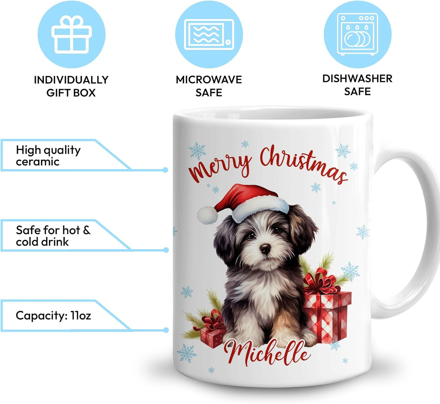 Hyturtle Personalized Gifts Dog Lover - Havanese Merry Christmas Custom Name Ceramic Coffee Mug Cup 11oz - Cute Animal Lovers Gifts For Women, Girl kids Family On Birthday, Christmas