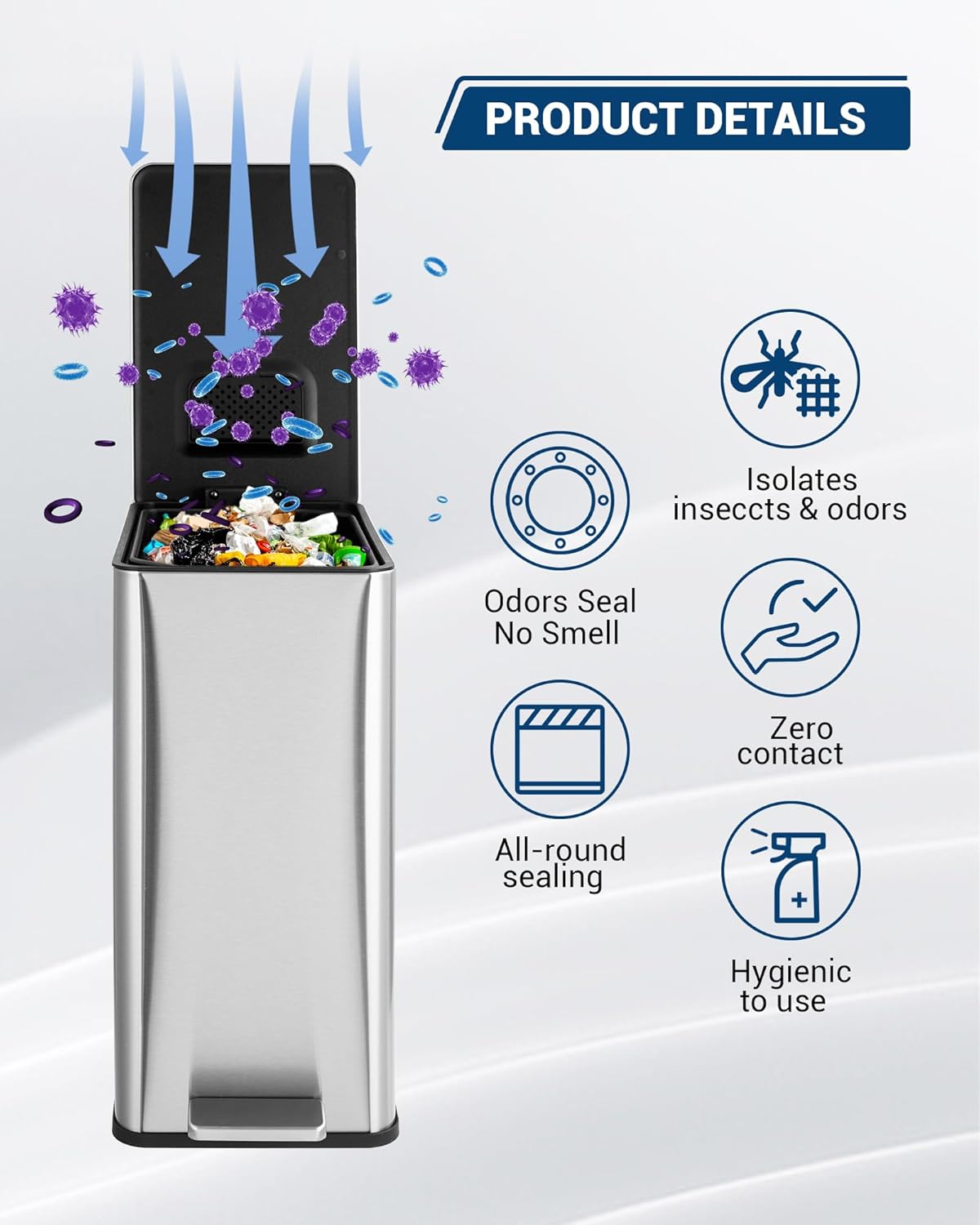 4 Gallon Stainless Steel Trash Can with Soft Close Lid, Step-on Bathroom & Kitchen Garbage Bin, Compact Slim Design with Removable Inner Bucket for Office, Living Room