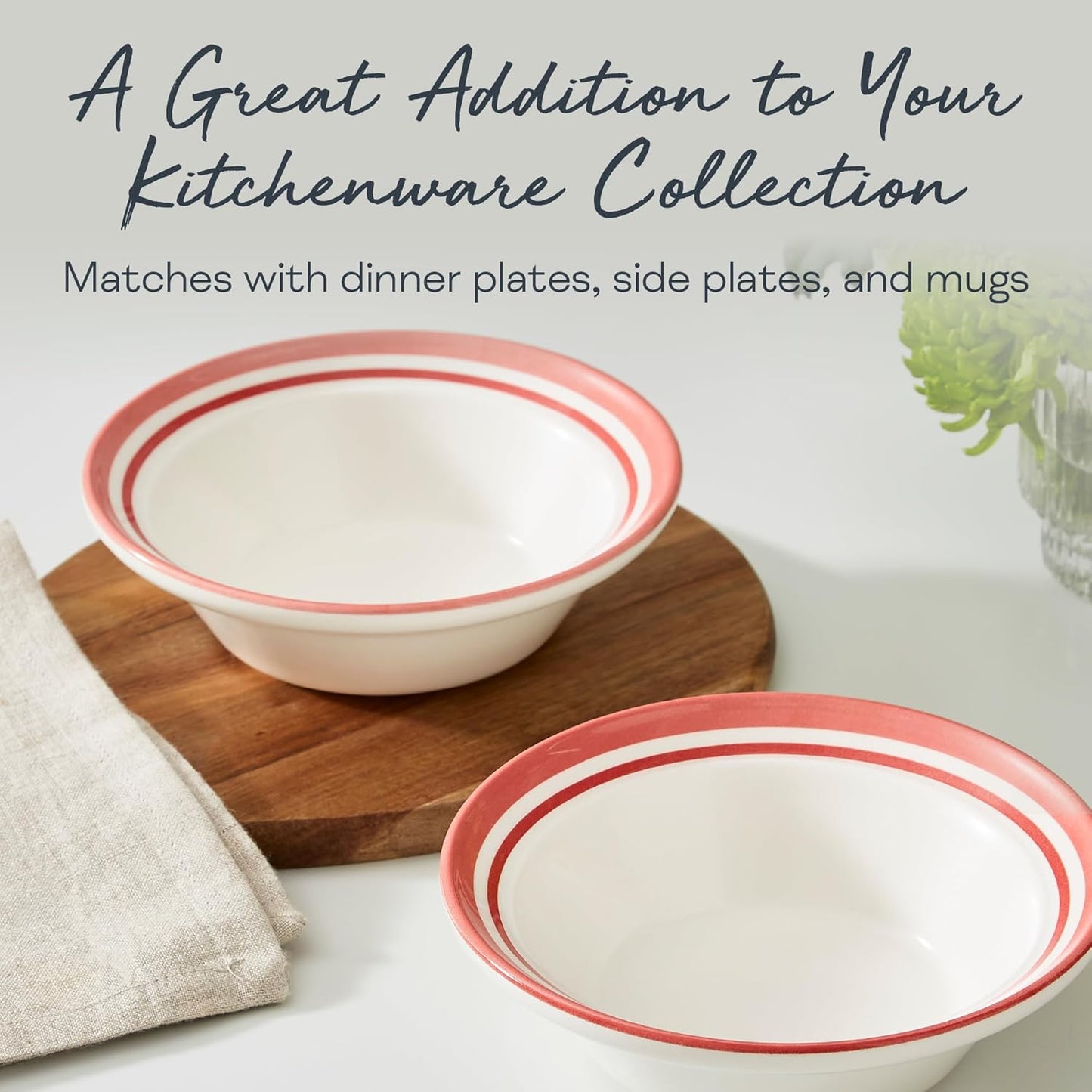 Portmeirion Potter’s Stripe Oatmeal Bowls (Set of 4) - Versatile Earthenware Bowls for Kitchen, Soups, Cereal & Desserts - Dishwasher & Microwave Safe - Made in UK Dinnerware Collection (Red Stripe)