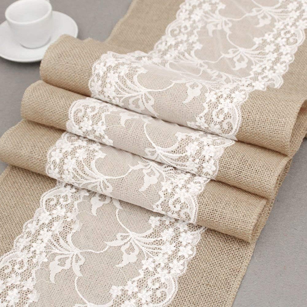 Burlap Lace Table Runner, 12” Wide X 30 Yards Lace Vintage Rolls Runners Rustic Country Barn for Wedding Decoration Rustic Kitchen Decor Farmhouse (12" x30Yard with lace)