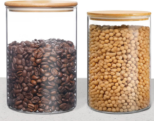 33+17 oz Glass Food Storage Jars with Airtight Lids, Clear Glass Jar with Bamboo Lid, Airtight Food Canister for Tea, Candy, Coffee, Sugar, Cookie, Snack. (Round | 5+6 Inch)