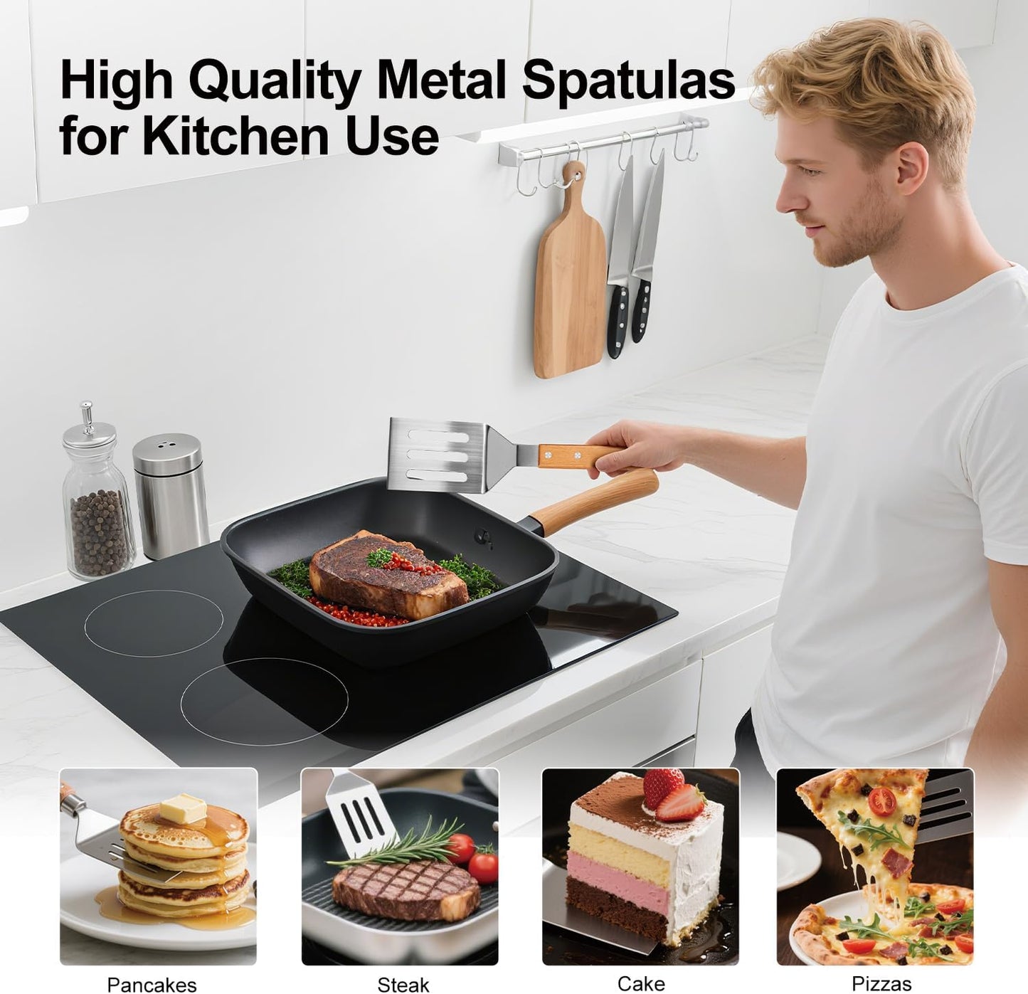 Stainless Steel Spatula Set, 2 Pcs Metal Spatulas for Kitchen Use, Professional Metal Spatula for Cast Iron Skillet with Wooden Handle, Ideal Choice for Making Desserts, Pancakes, Eggs, and BBQ