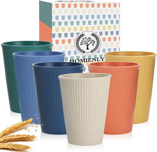Homienly Drinking Cups Stackable Wheat Straw Cups 6 PCS Good Alternative to Dispoable Cups 12 oz Unbreakable Water Cups Reusable Dishwasher Safe Drinking Glasses Kitchen Essentials - Colorful