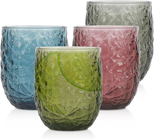 Colored Glasses Drinking Set of 4, 12oz Vintage Drinking Glasses, Drinking Glasses for Cocktail, Beer, Wine, Whiskey, Water & Juice Drinkware (Lce Cracks 4PCS)