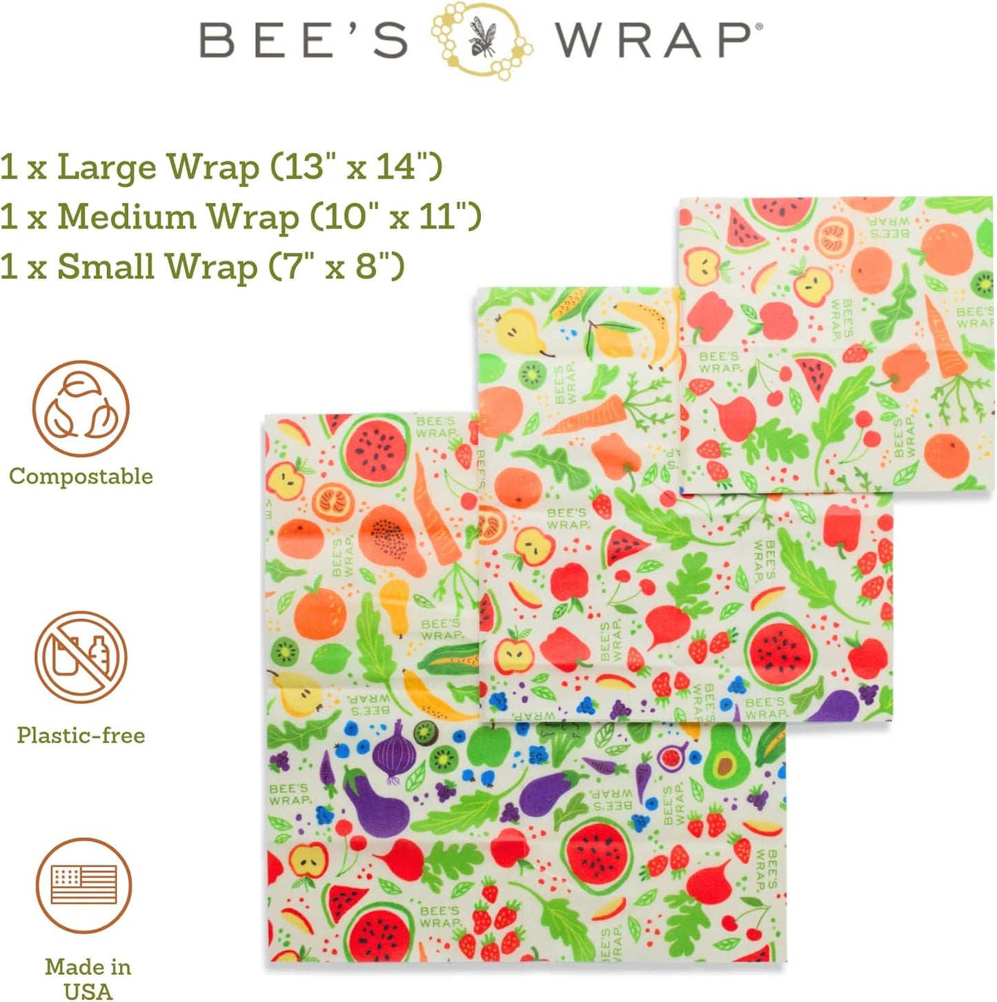 Bee's Wrap Beeswax Wraps for Food - Made in USA Reusable & Organic Food Wraps, Sandwich Wrap & Bowl Covers - Eco-Friendly Alternative to Aluminum Foil & Plastic Wrap, Garden Party 3 Pack (S, M, L)