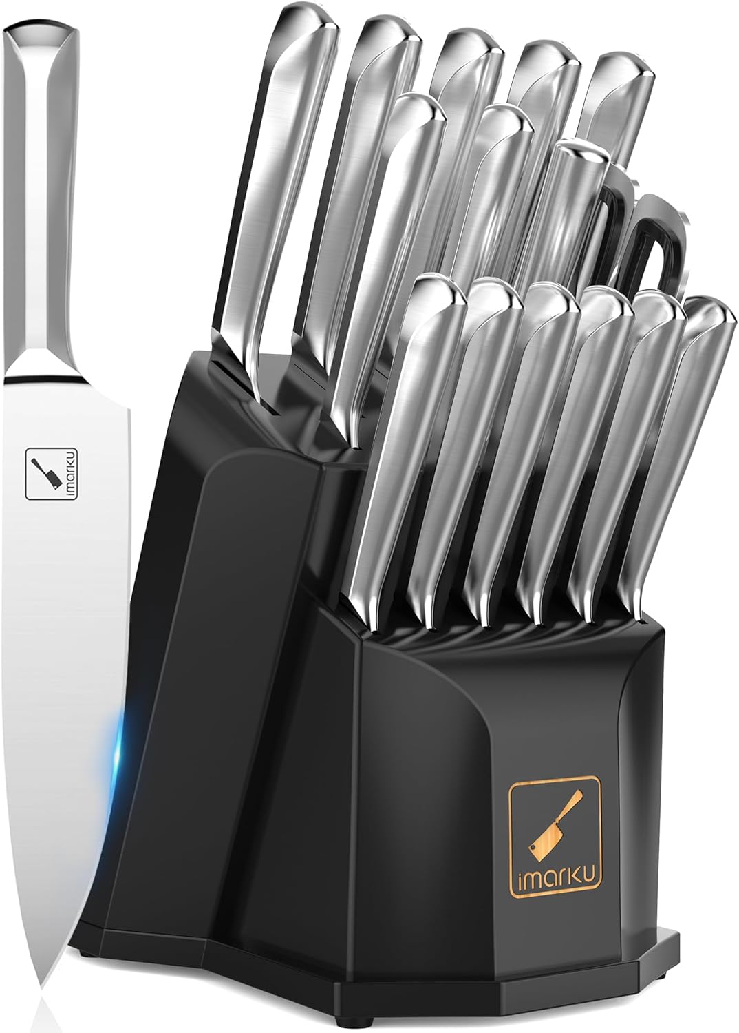Knife Block Set, imarku 16 Pcs Kitchen Knife Set with Sharpening Rod, High Carbon Stainless Steel Knives Set for Kitchen with Ergonomic Non-Slip Handle, Dishwasher Safe