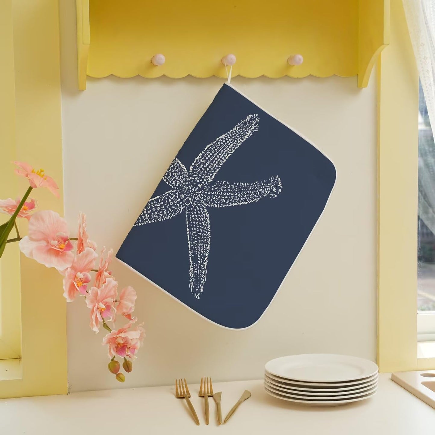 Coastal Beach Dish Drying Mat 18 x 24 inch, Summer Navy Blue Starfish Decorative Drying Mats Microfiber Absorbent Dish Washable Draining Mat for Kitchen Counter Decor