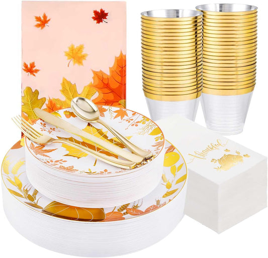 GATHER 176 Pieces Thanksgiving Plates- Disposable Gold Plastic Silverware- Thanksgiving Dinnerware with Maple Leaves Include 50 Plates 75Plastic Silverware 25Cups 25 Napkins and 1 Tablecloth