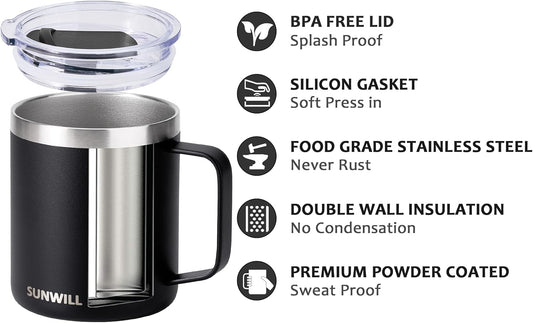 SUNWILL Travel Coffee Mug with Lid, Insulated Tumbler with Handle, 14oz Stainless Steel Cup for Camping, Outdoor, Powder Coated Black