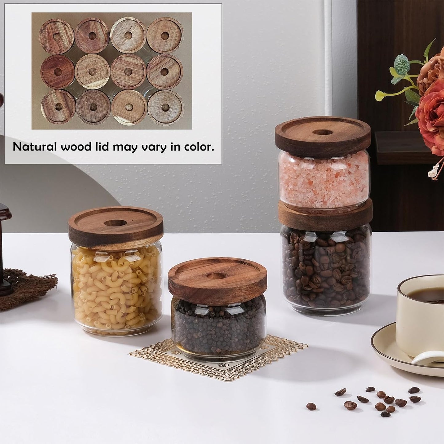 WHJY 10oz Glass Storage Containers with Wooden Lids Airtight Food Canister for Tea Sugar Dry Goods Clear Coffee Jars for Kitchen Pantry
