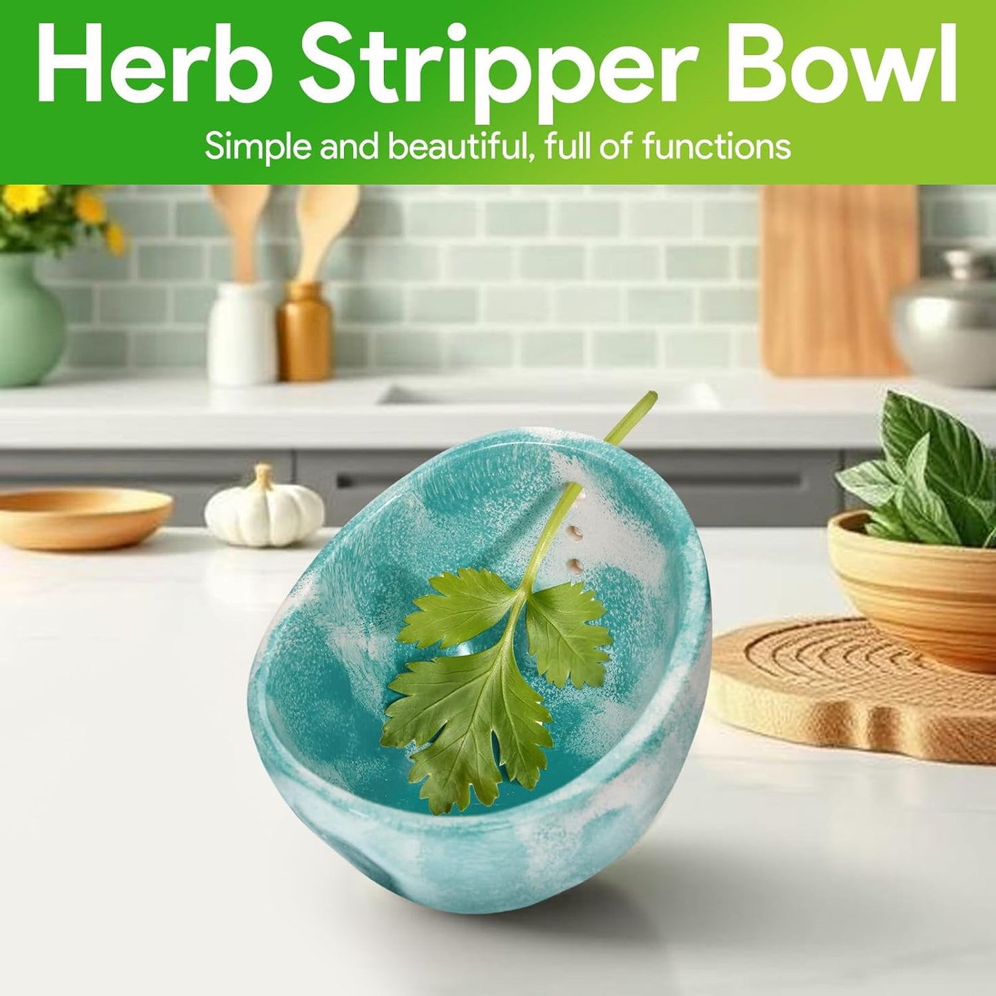 Herb Stripper, Herb Stripper Bowl, Small Ceramic Bowls, Handmade Different Round Hole Sizes Efficient Kitchen Tool for Separating Leaves and Stems,Salads & Cooking (Blue)