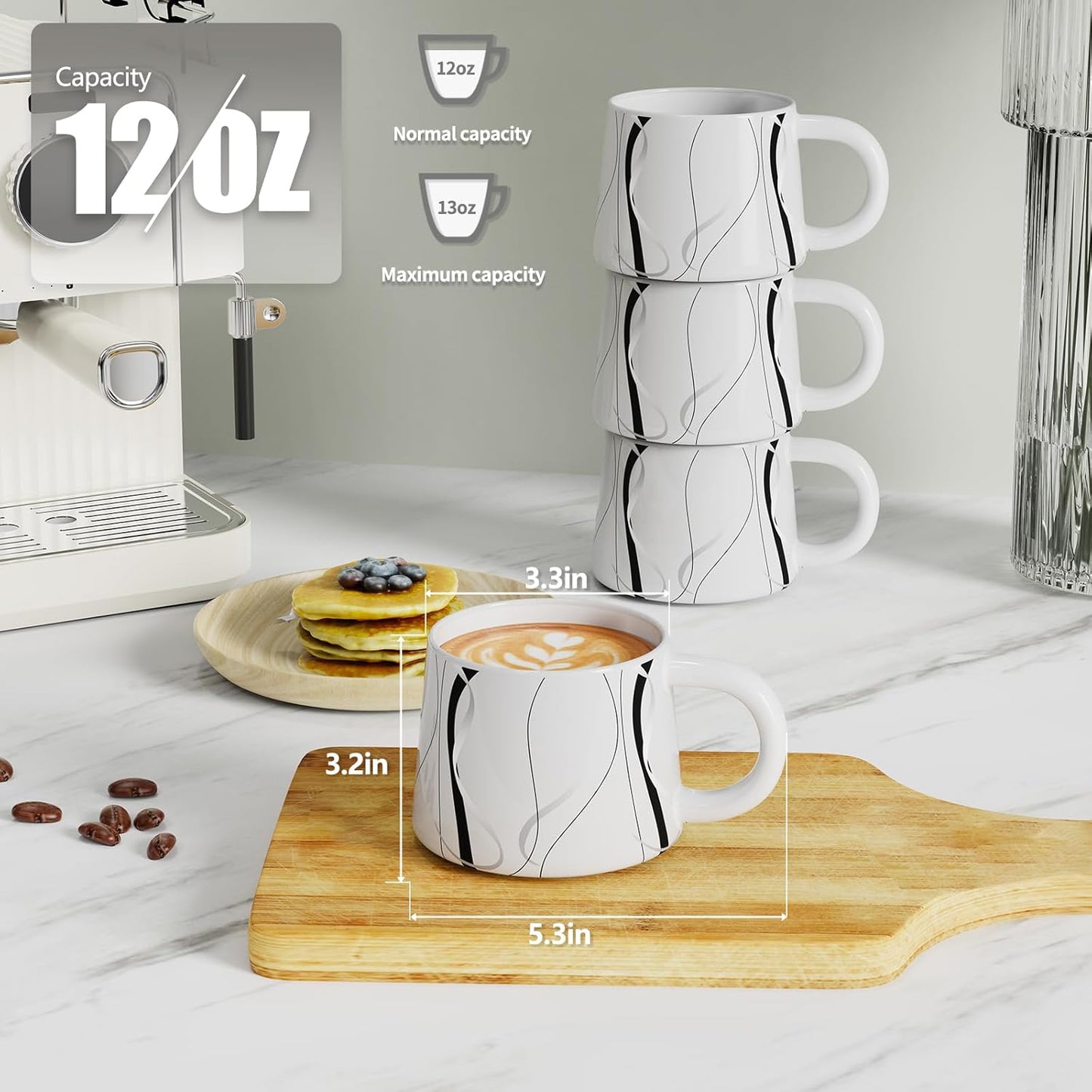 12 oz Coffee Mugs Set of 4, Modern Stackable Coffee Cups Set for Latte, Hot Tea, Cappuccino, Ceramic Coffee Mug Tea Cup, Dishwasher & Microwave Safe, Housewarming Wedding Present (White)