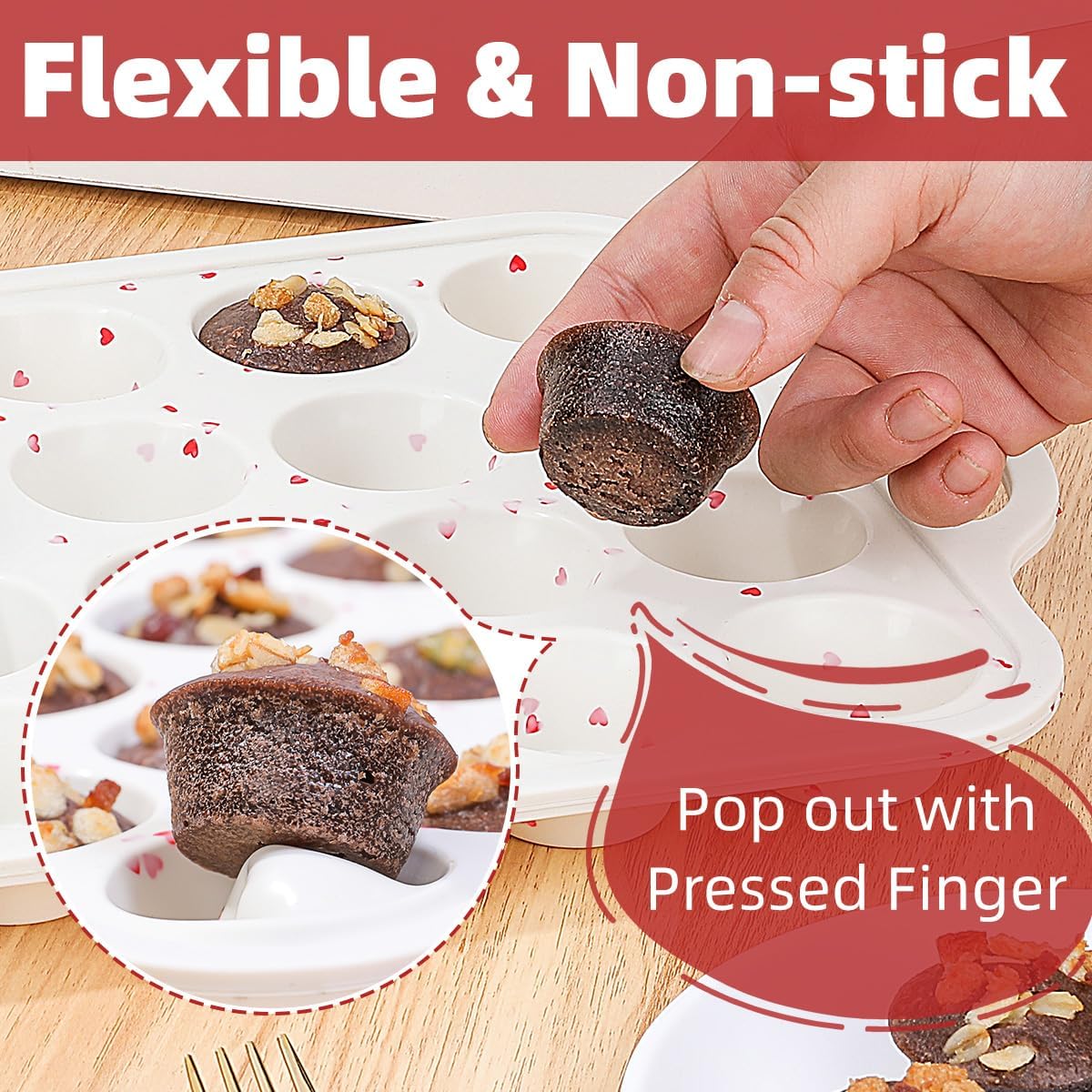 Mini Cupcake Pan, Metal Reinforced Frame Silicone Mini Muffin Pan Nonstick 24 Cups with Handle for Valentine's Day Baking Muffins, Cupcakes, Egg Bites 1 Pack