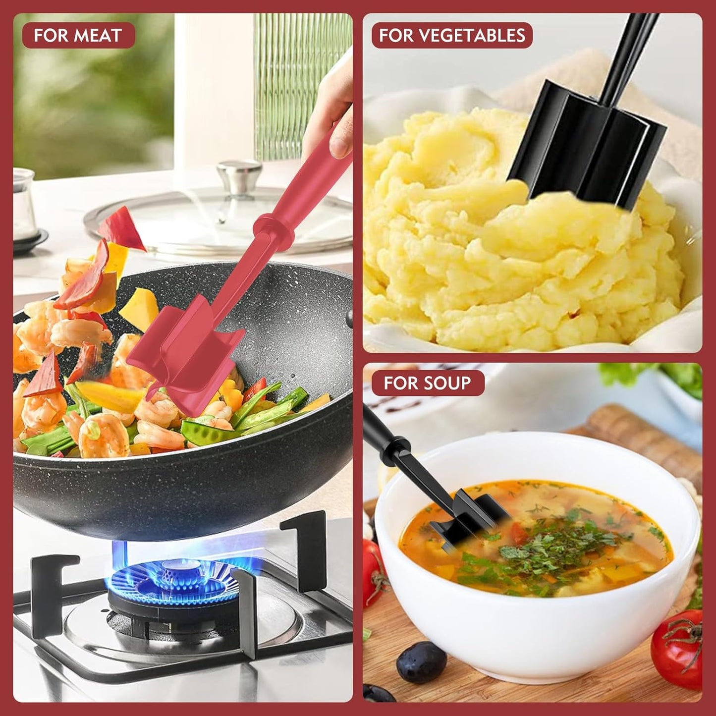 2Pcs Ground Beef Chopper Tool, Meat Masher Ground Beef Heat Resistant Meat Spatula Chopper Hamburger Meat Chopper, Black+Red