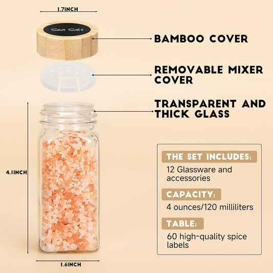 24Pcs Spice Jars with Label, 4oz Empty Square Seasoning Containers, Spice Jars with Shaker Lids, Small Spice Bottles for Salt, Herbs, Sugar, Pepper, Seasoning Jars for Spice Rack, Cabinet, or Drawer