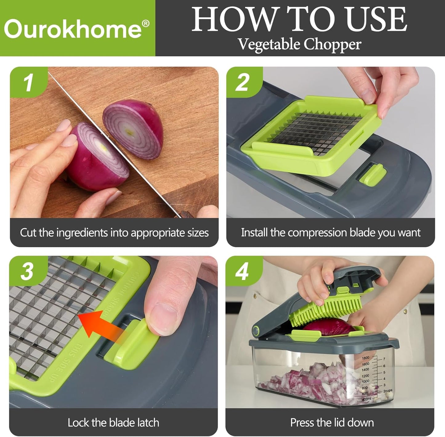 Ourokhome Onion Chopper Dicer with Container, Manual Food Cutter with Handheld Veggie Spiral, Hand Vegetable Mandolin slicer for Potato, Tomato, Carrot, Essential Kitchen Gadget (6 in 1, Gray)