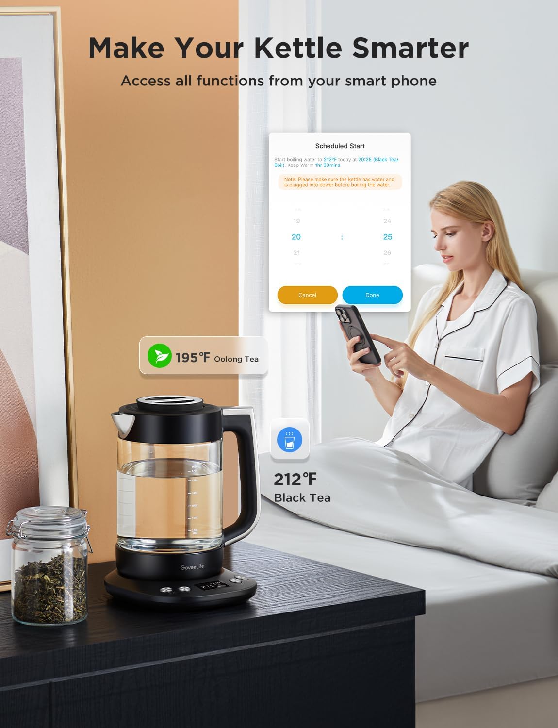 GoveeLife Smart Electric Kettle with Tea Infuser for Loose Leaf, 1.7 L Electric Tea Kettle with Brewing Program, Variable Temperature Control, 2 H Keep Warm & Auto Shut-Off, BPA Free. Black