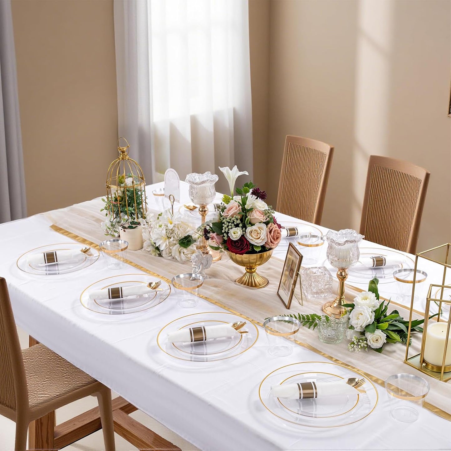 SUT 350 Pcs Gold and Clear Plastic Dinnerware Set for 50 Guests, Include: 50 Dinner Plates, 50 Dessert Plates, 50 Pre Rolled Napkins With Silverware, 50 Cups, Disposable Plates for Party, Wedding