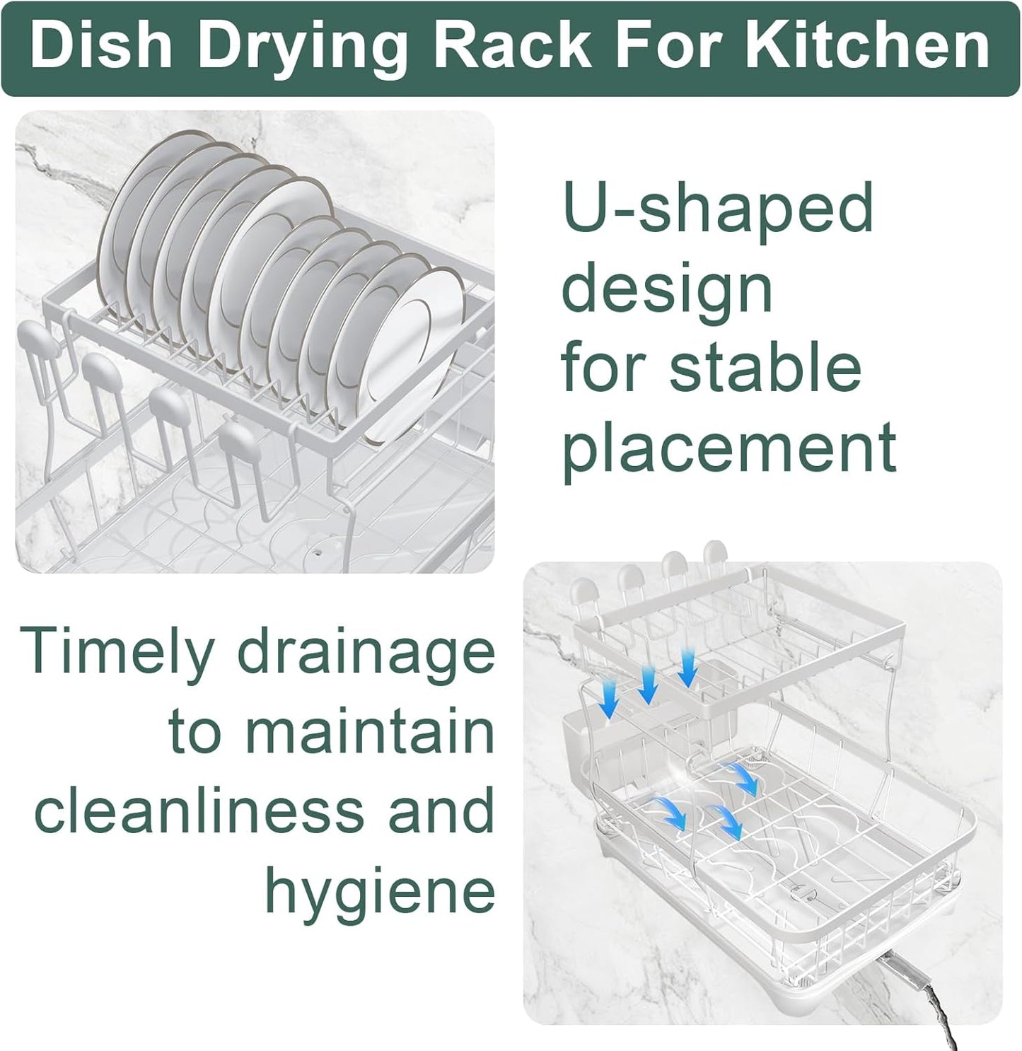 LIYI Dish Drying Rack,Large Dish Rack for Kitchen Counter,2-Tier Dish Racks with draining Tray,Detachable Capacity Dish Drainer Organizer,White