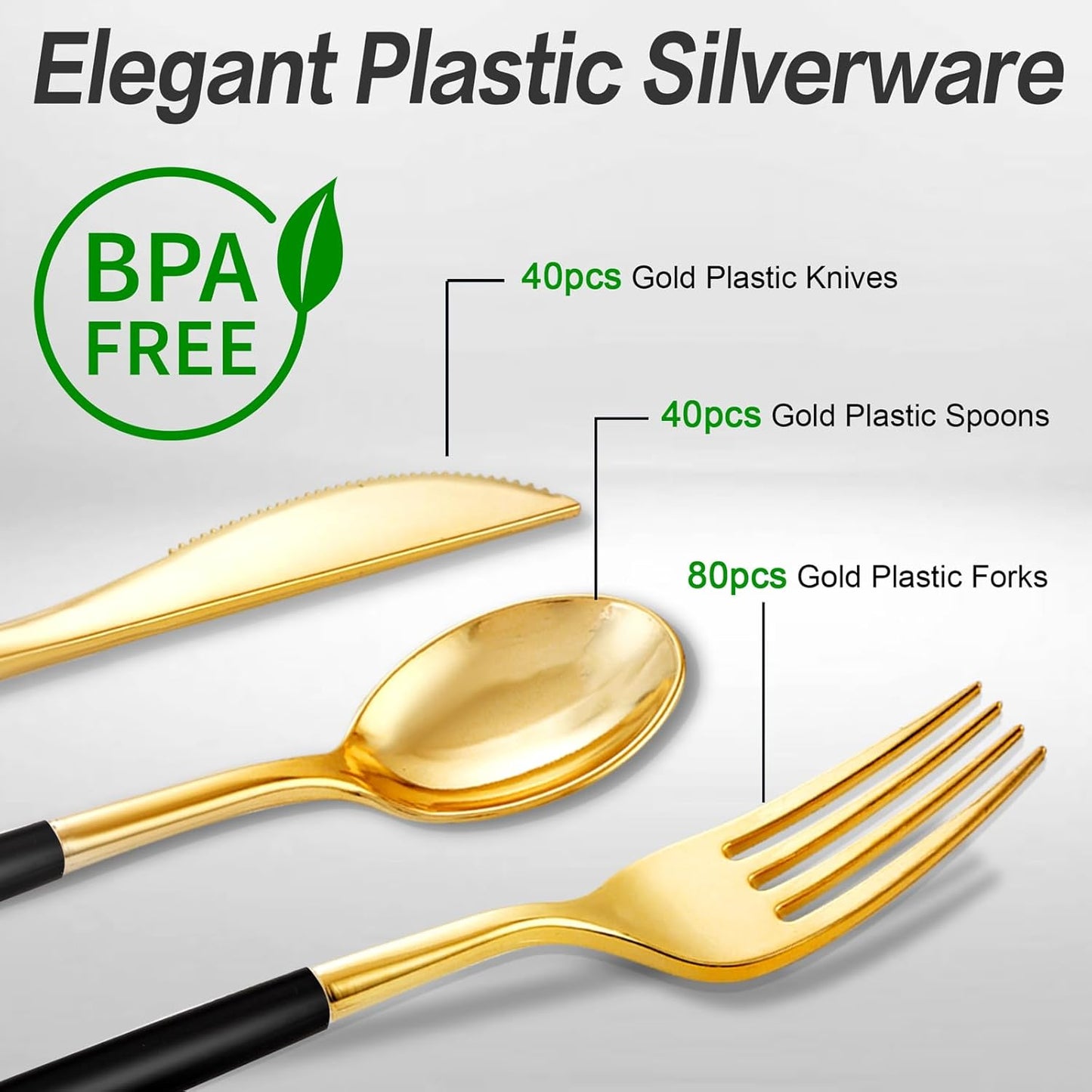 SUT Gold Plastic Silverware (160Pcs) Forks and Spoons Disposable, 80 Gold Plastic Forks, 40 Gold Knives, 40 Gold Spoons, Black and Gold Utensils Set Disposable for Parties, Weddings,New Year,Halloween